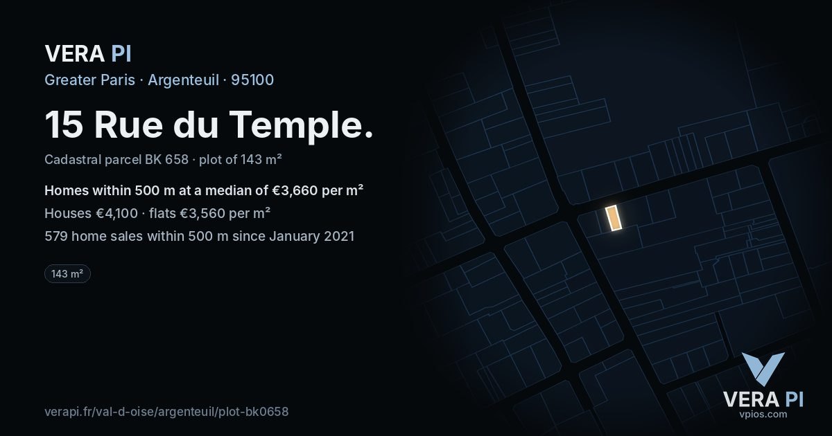 15 Rue du Temple, Argenteuil at night – the plot lit, the parcels around coloured by the prices near them