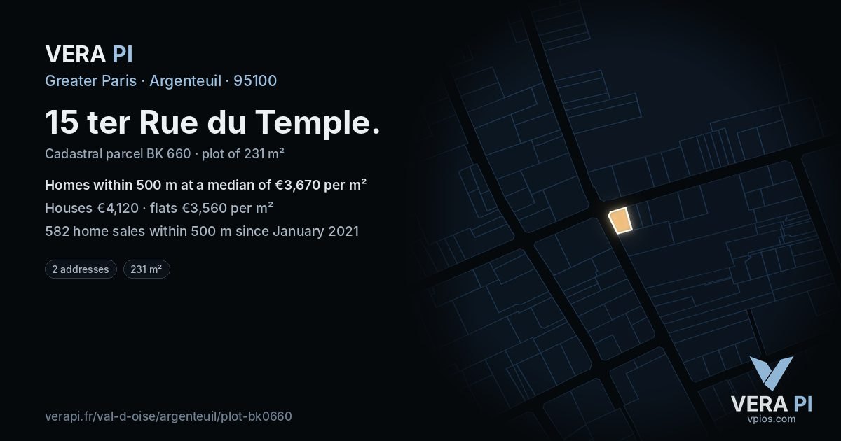 15 ter Rue du Temple, Argenteuil at night – the plot lit, the parcels around coloured by the prices near them