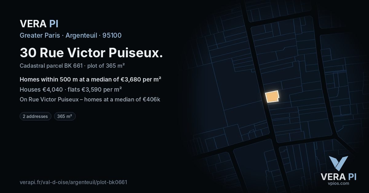 30 Rue Victor Puiseux, Argenteuil at night – the plot lit, the parcels around coloured by the prices near them