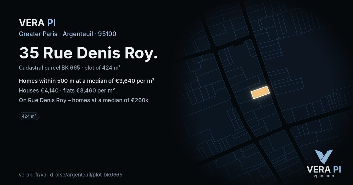 35 Rue Denis Roy, Argenteuil at night – the plot lit, the parcels around coloured by the prices near them