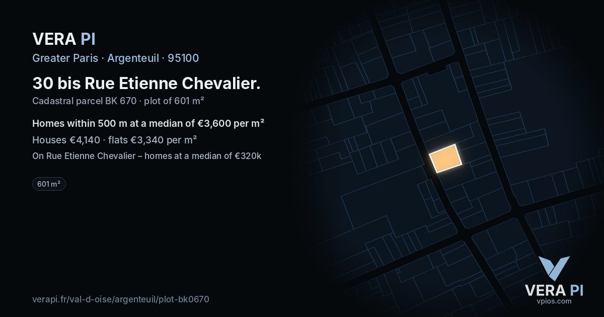 30 bis Rue Etienne Chevalier, Argenteuil at night – the plot lit, the parcels around coloured by the prices near them