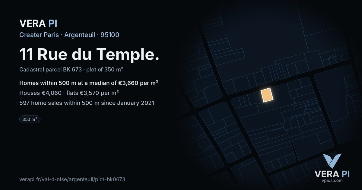 11 Rue du Temple, Argenteuil at night – the plot lit, the parcels around coloured by the prices near them