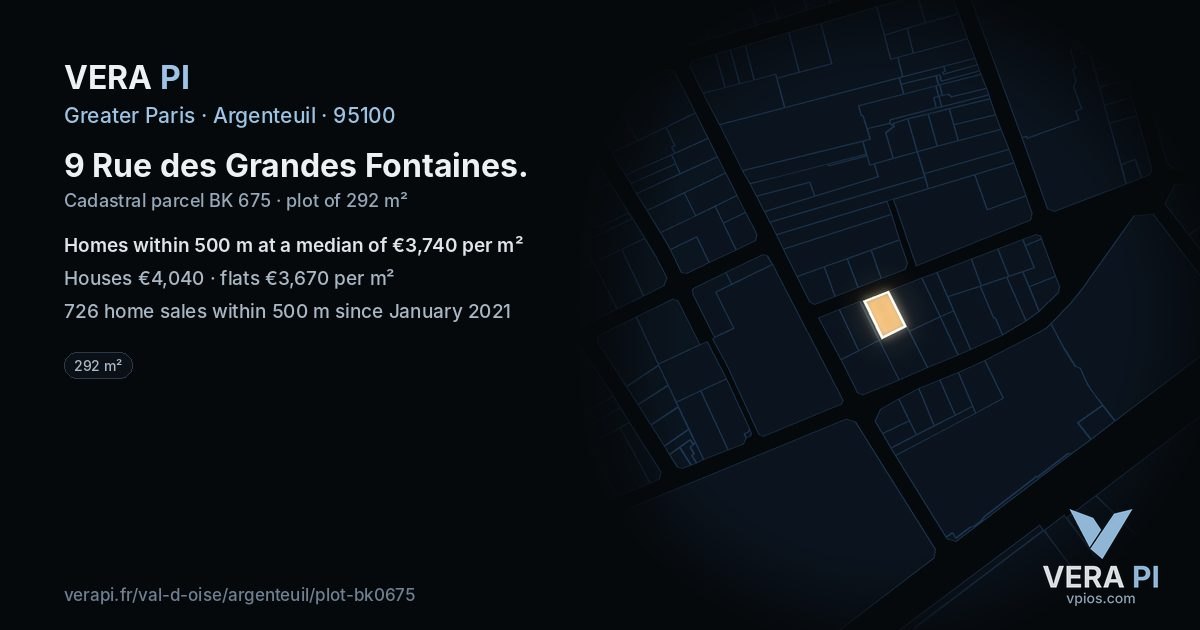 9 Rue des Grandes Fontaines, Argenteuil at night – the plot lit, the parcels around coloured by the prices near them