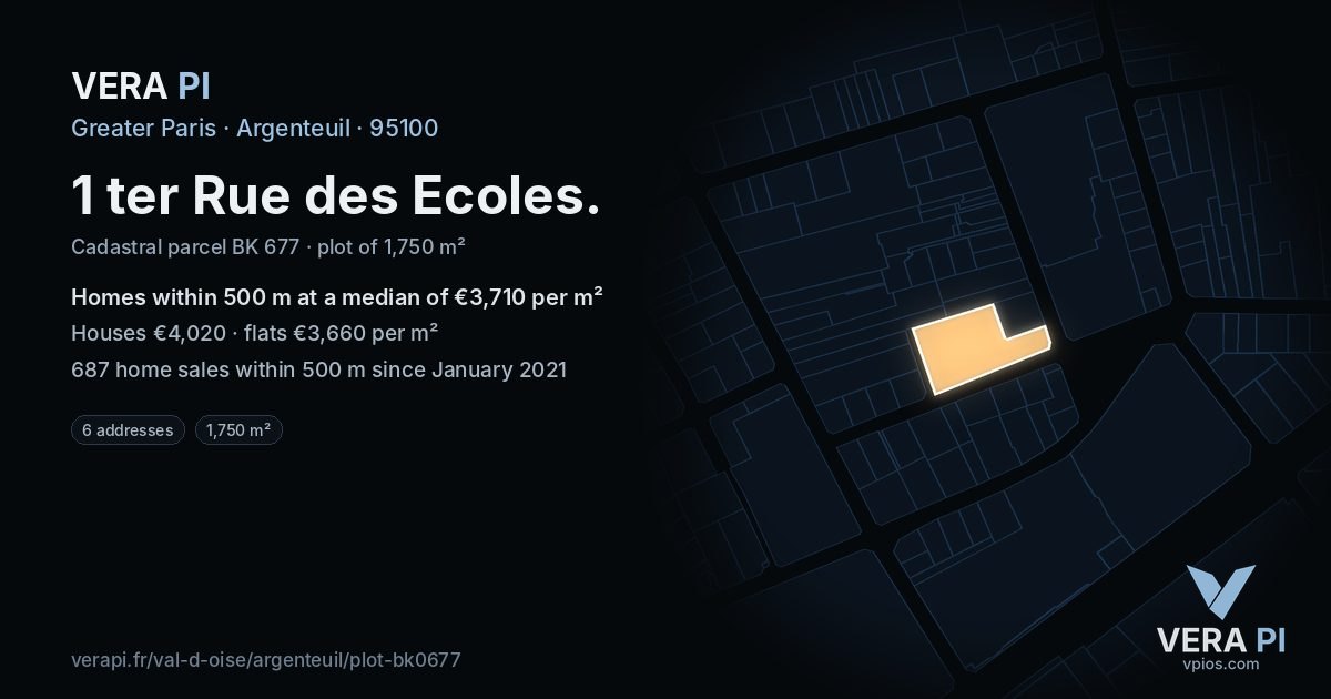 1 ter Rue des Ecoles, Argenteuil at night – the plot lit, the parcels around coloured by the prices near them