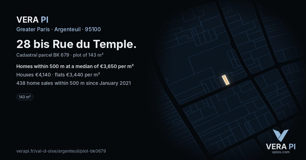 28 bis Rue du Temple, Argenteuil at night – the plot lit, the parcels around coloured by the prices near them