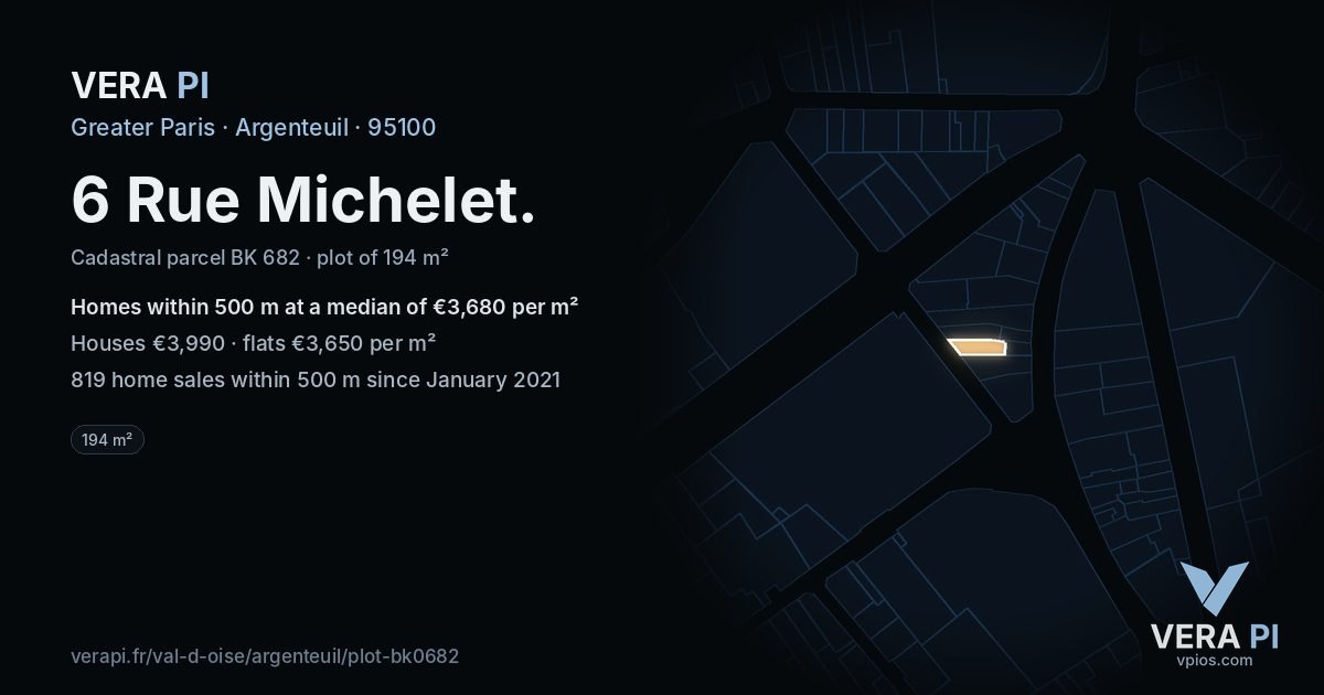 6 Rue Michelet, Argenteuil at night – the plot lit, the parcels around coloured by the prices near them
