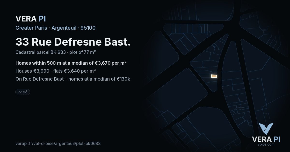 33 Rue Defresne Bast, Argenteuil at night – the plot lit, the parcels around coloured by the prices near them