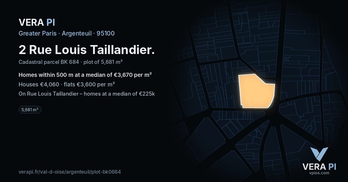 2 Rue Louis Taillandier, Argenteuil at night – the plot lit, the parcels around coloured by the prices near them