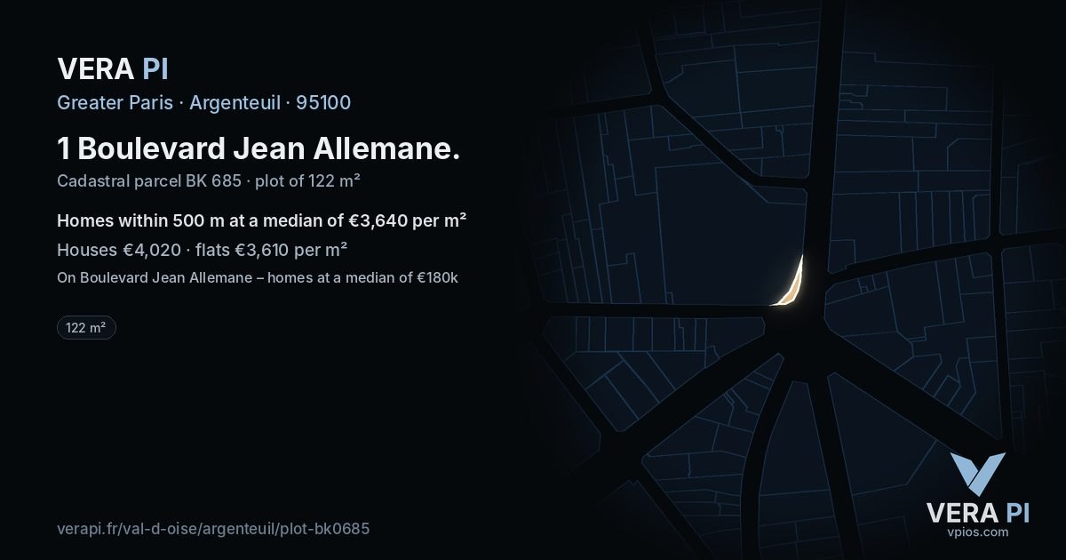 1 Boulevard Jean Allemane, Argenteuil at night – the plot lit, the parcels around coloured by the prices near them