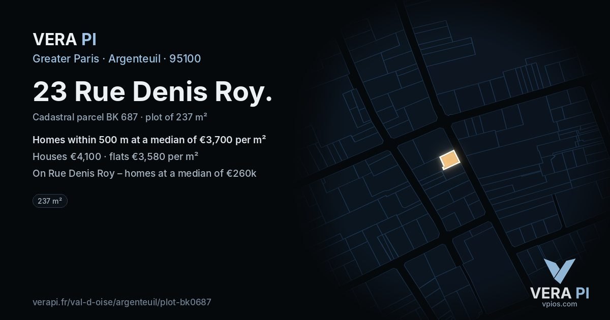 23 Rue Denis Roy, Argenteuil at night – the plot lit, the parcels around coloured by the prices near them