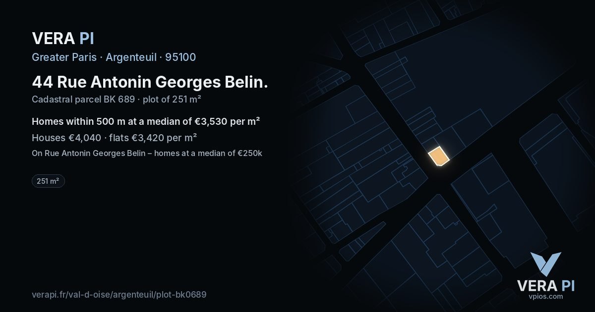 44 Rue Antonin Georges Belin, Argenteuil at night – the plot lit, the parcels around coloured by the prices near them