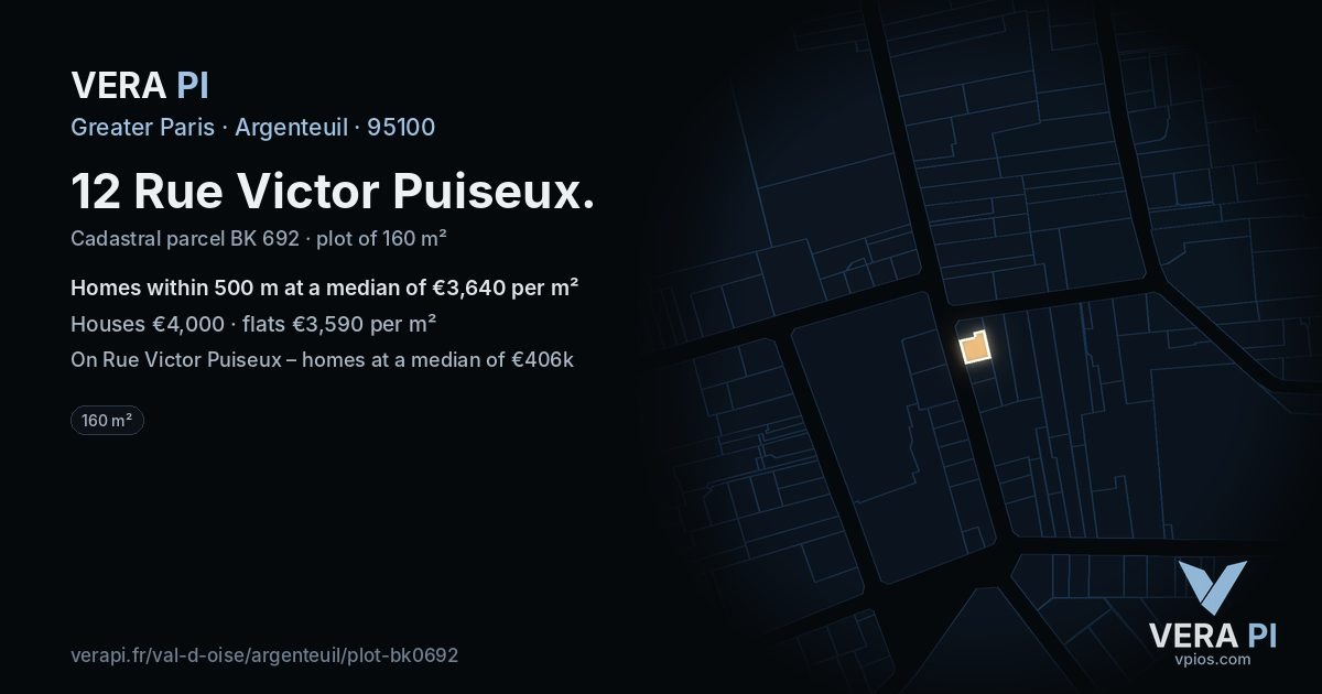 12 Rue Victor Puiseux, Argenteuil at night – the plot lit, the parcels around coloured by the prices near them