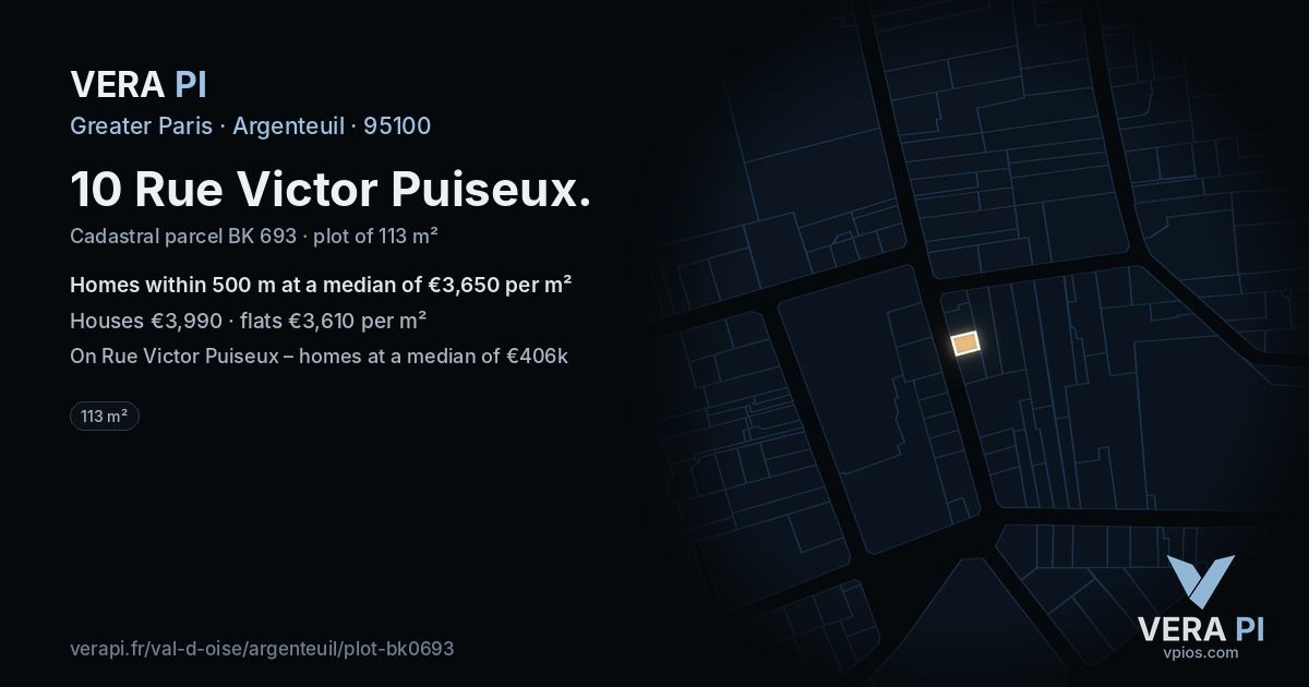 10 Rue Victor Puiseux, Argenteuil at night – the plot lit, the parcels around coloured by the prices near them
