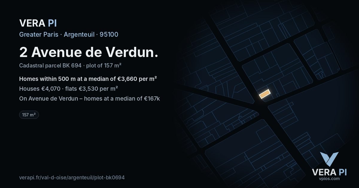 2 Avenue de Verdun, Argenteuil at night – the plot lit, the parcels around coloured by the prices near them