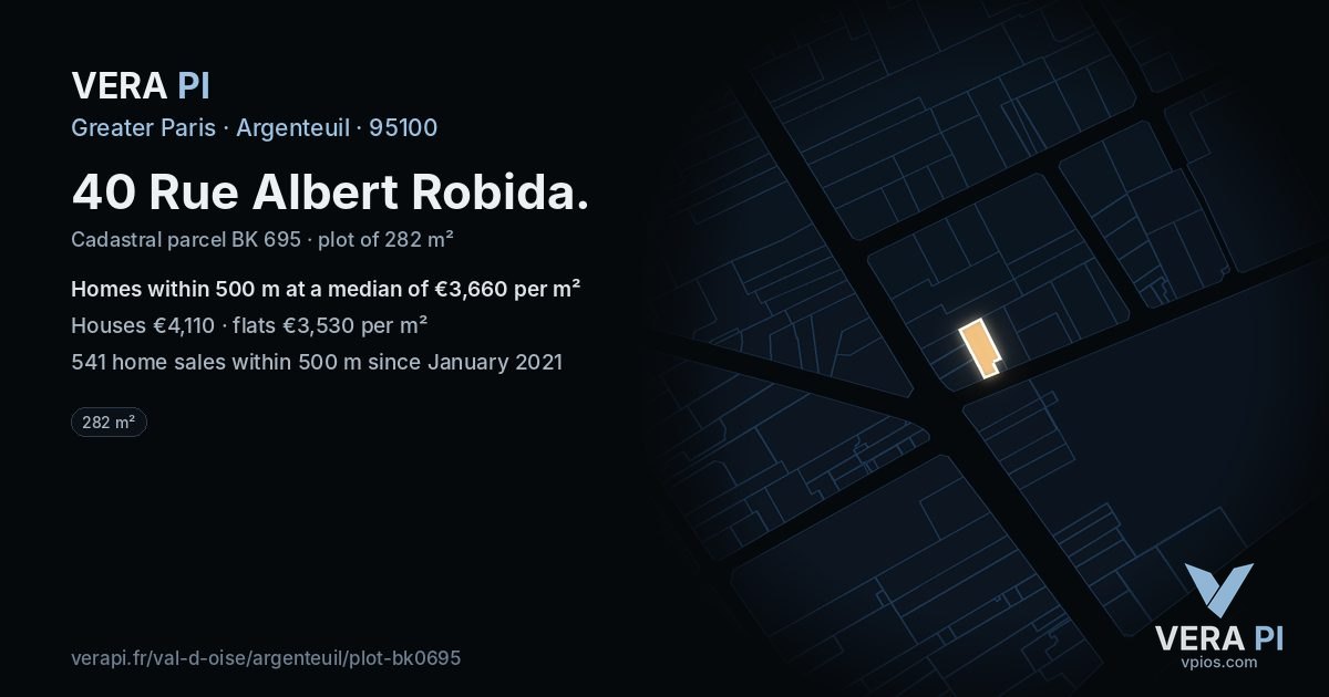 40 Rue Albert Robida, Argenteuil at night – the plot lit, the parcels around coloured by the prices near them