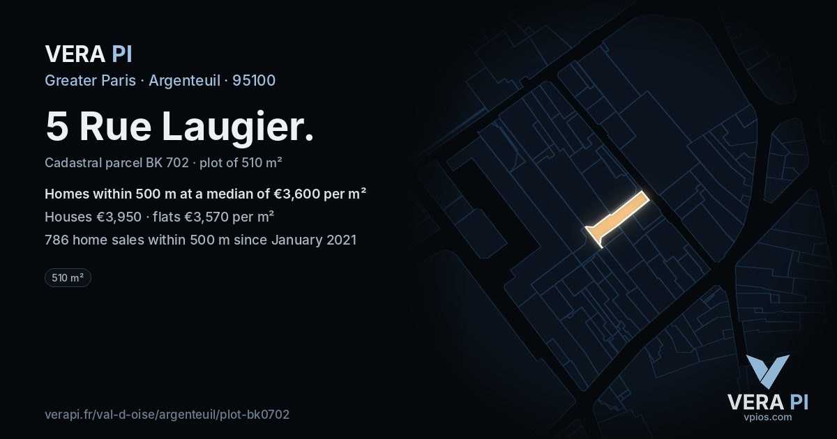 5 Rue Laugier, Argenteuil at night – the plot lit, the parcels around coloured by the prices near them