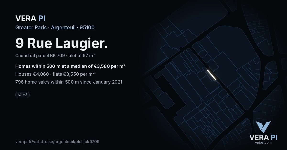 9 Rue Laugier, Argenteuil at night – the plot lit, the parcels around coloured by the prices near them