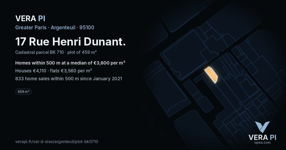 17 Rue Henri Dunant, Argenteuil at night – the plot lit, the parcels around coloured by the prices near them