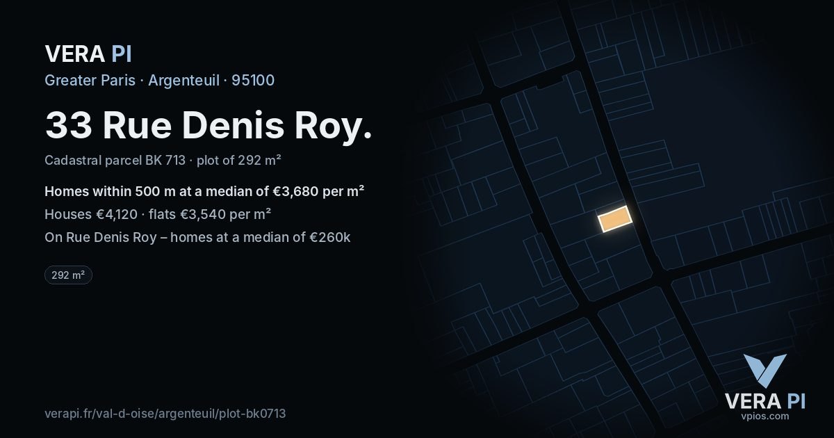33 Rue Denis Roy, Argenteuil at night – the plot lit, the parcels around coloured by the prices near them