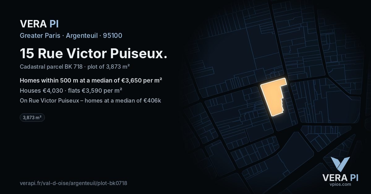 15 Rue Victor Puiseux, Argenteuil at night – the plot lit, the parcels around coloured by the prices near them
