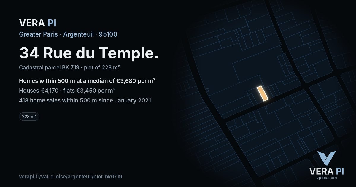 34 Rue du Temple, Argenteuil at night – the plot lit, the parcels around coloured by the prices near them