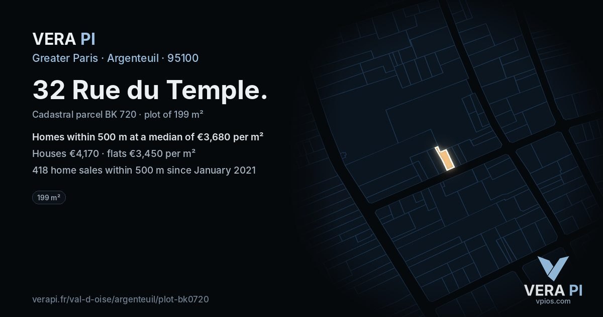 32 Rue du Temple, Argenteuil at night – the plot lit, the parcels around coloured by the prices near them