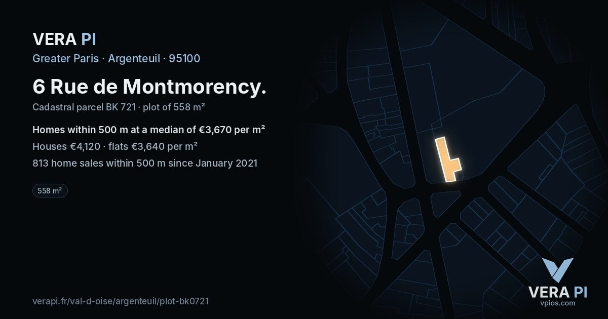 6 Rue de Montmorency, Argenteuil at night – the plot lit, the parcels around coloured by the prices near them