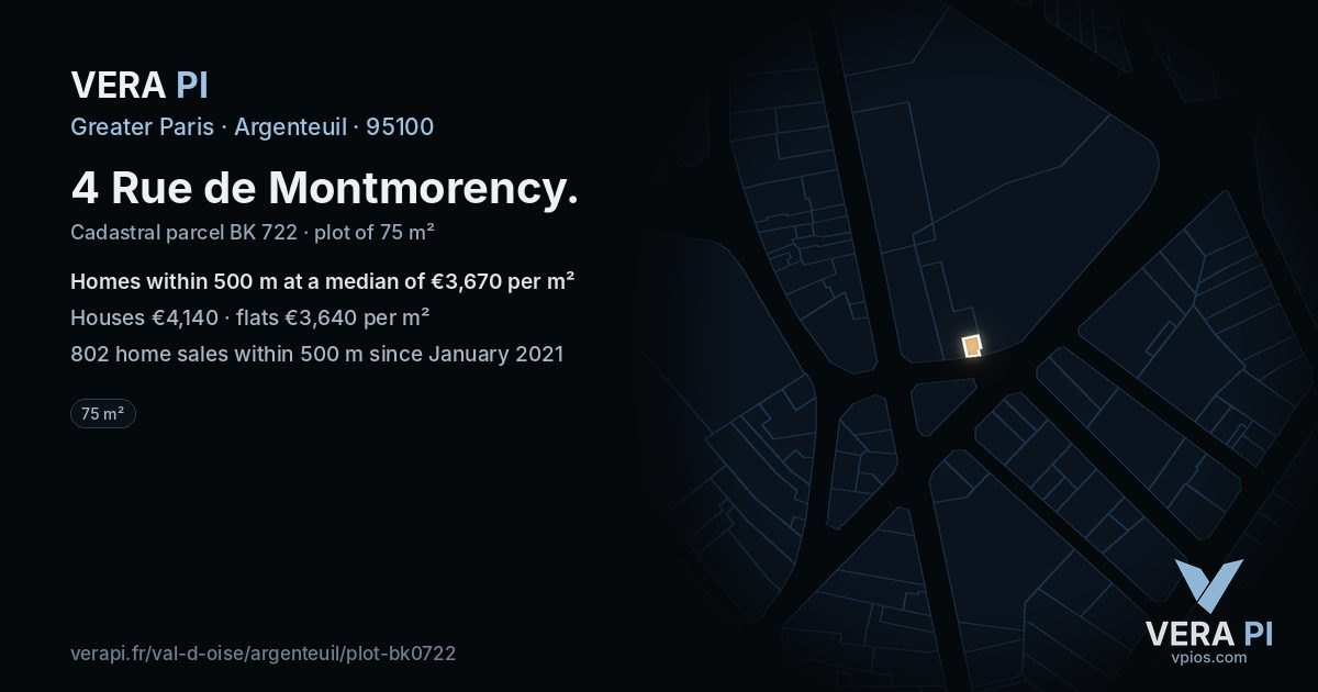 4 Rue de Montmorency, Argenteuil at night – the plot lit, the parcels around coloured by the prices near them
