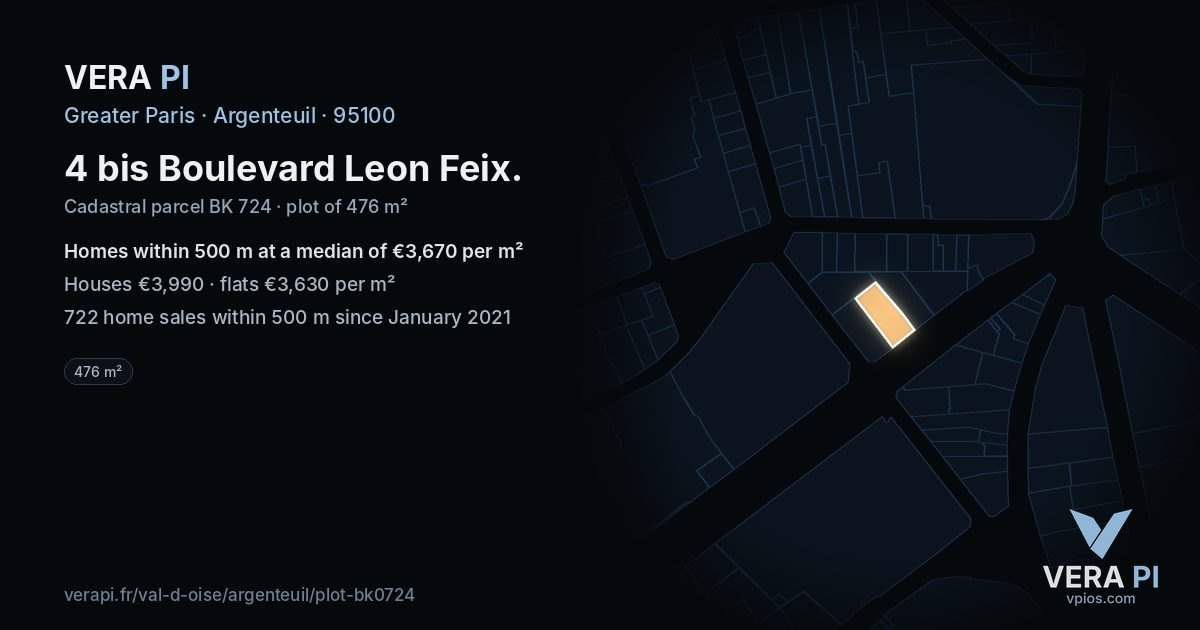 4 bis Boulevard Leon Feix, Argenteuil at night – the plot lit, the parcels around coloured by the prices near them