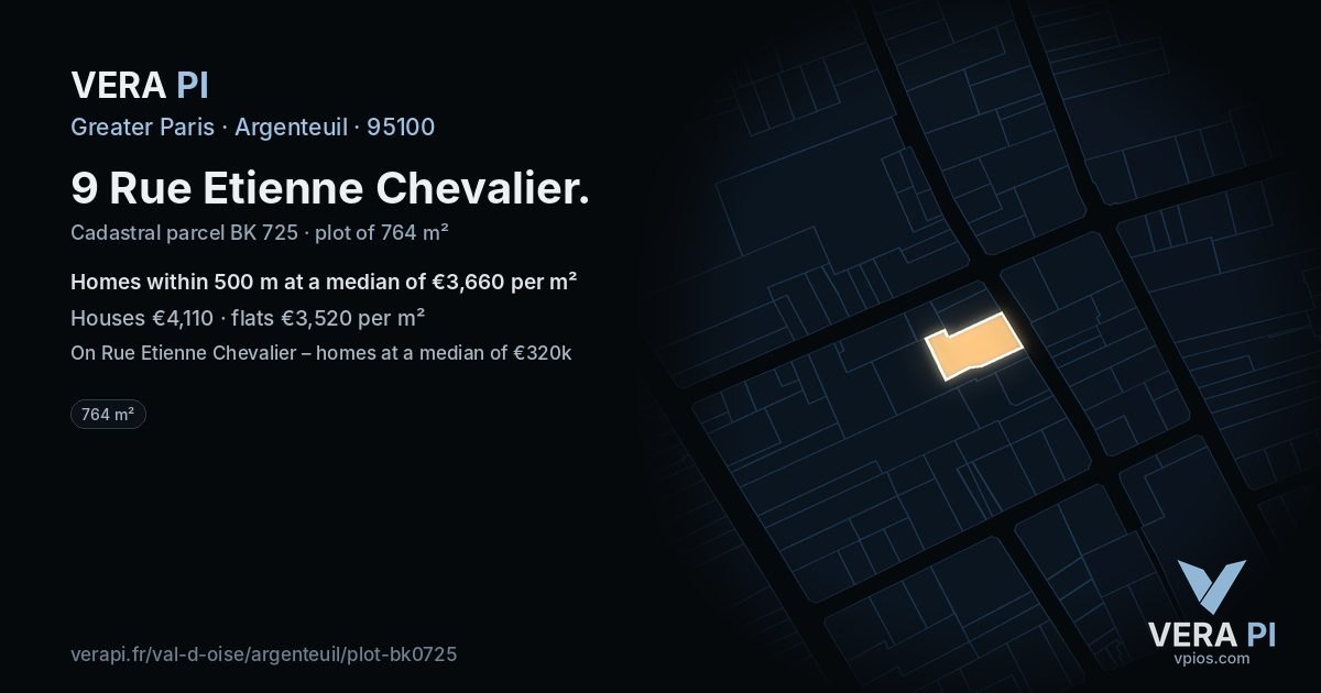 9 Rue Etienne Chevalier, Argenteuil at night – the plot lit, the parcels around coloured by the prices near them
