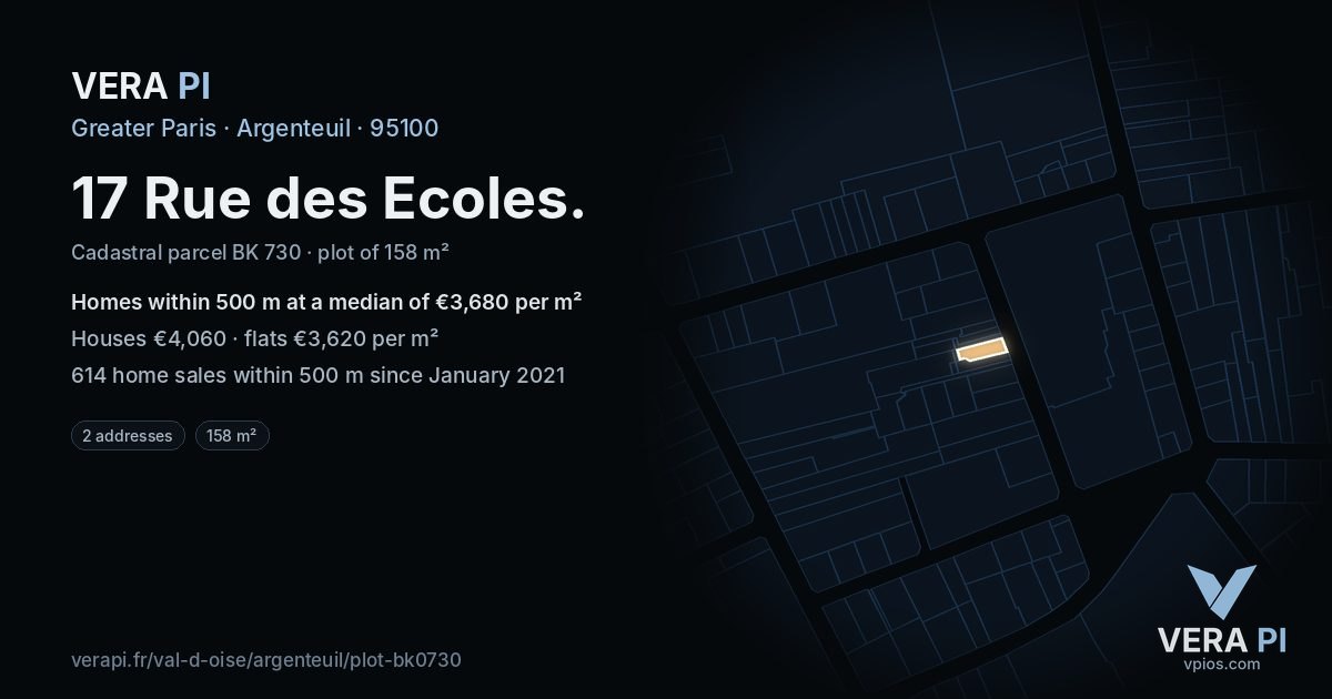 17 Rue des Ecoles, Argenteuil at night – the plot lit, the parcels around coloured by the prices near them