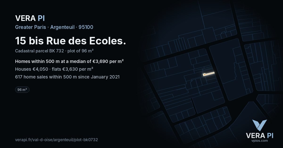 15 bis Rue des Ecoles, Argenteuil at night – the plot lit, the parcels around coloured by the prices near them
