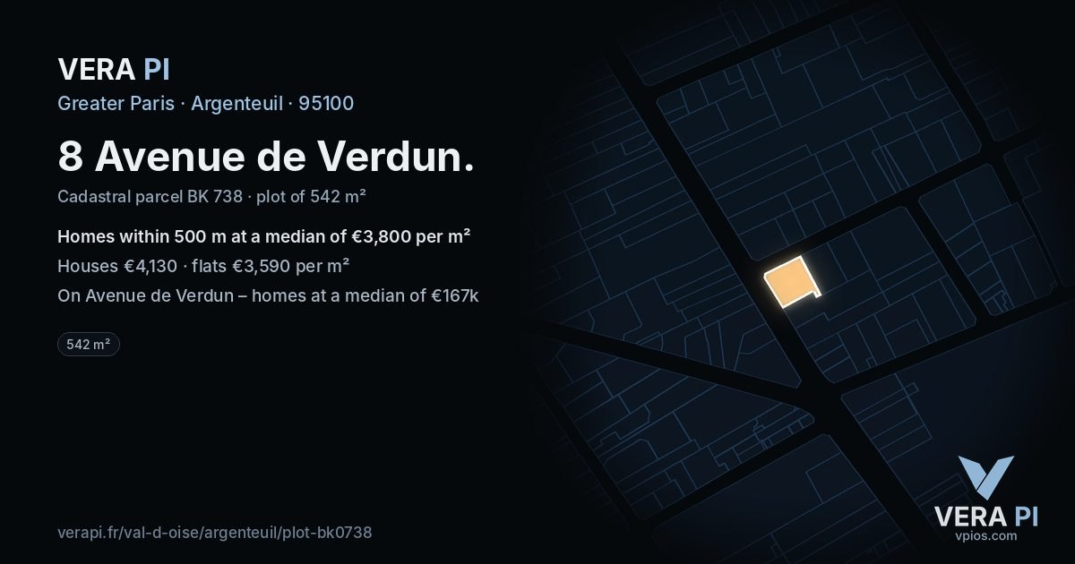 8 Avenue de Verdun, Argenteuil at night – the plot lit, the parcels around coloured by the prices near them