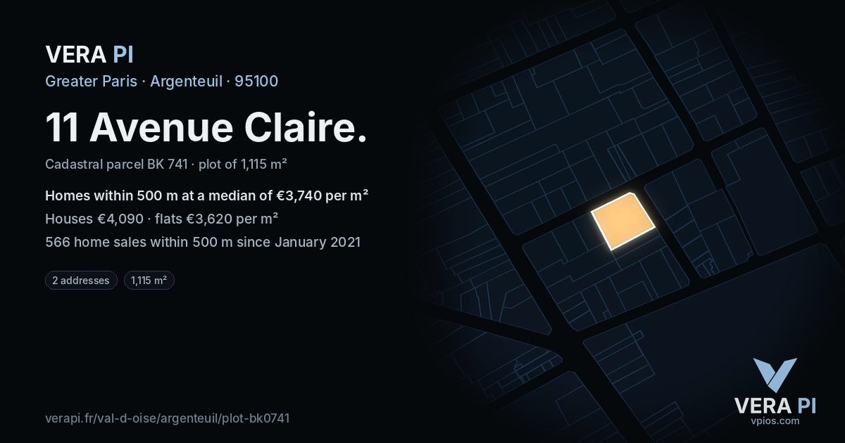 11 Avenue Claire, Argenteuil at night – the plot lit, the parcels around coloured by the prices near them