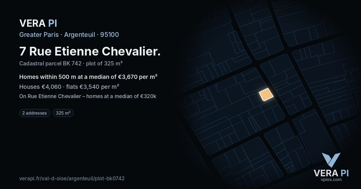 7 Rue Etienne Chevalier, Argenteuil at night – the plot lit, the parcels around coloured by the prices near them