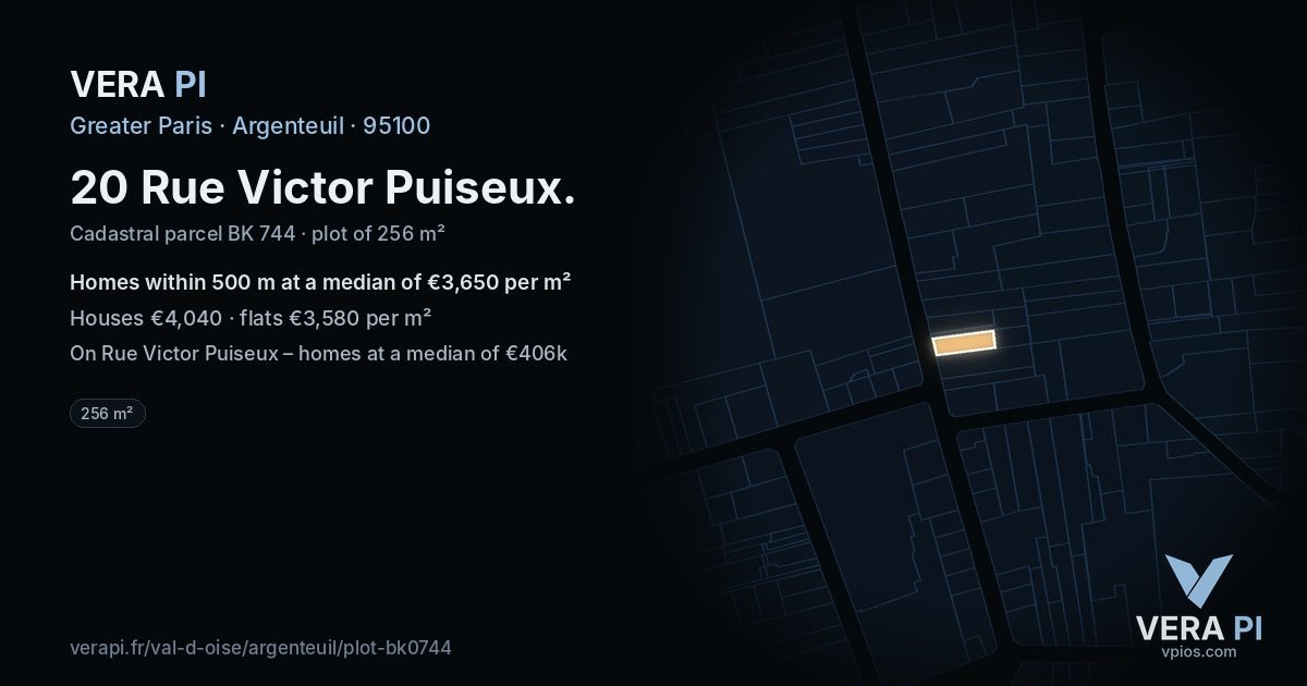20 Rue Victor Puiseux, Argenteuil at night – the plot lit, the parcels around coloured by the prices near them