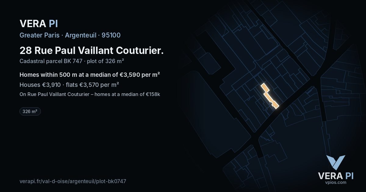 28 Rue Paul Vaillant Couturier, Argenteuil at night – the plot lit, the parcels around coloured by the prices near them
