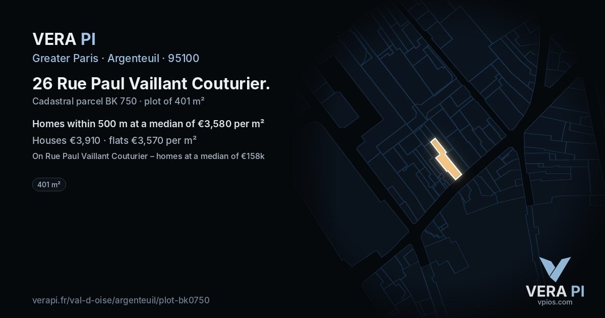 26 Rue Paul Vaillant Couturier, Argenteuil at night – the plot lit, the parcels around coloured by the prices near them