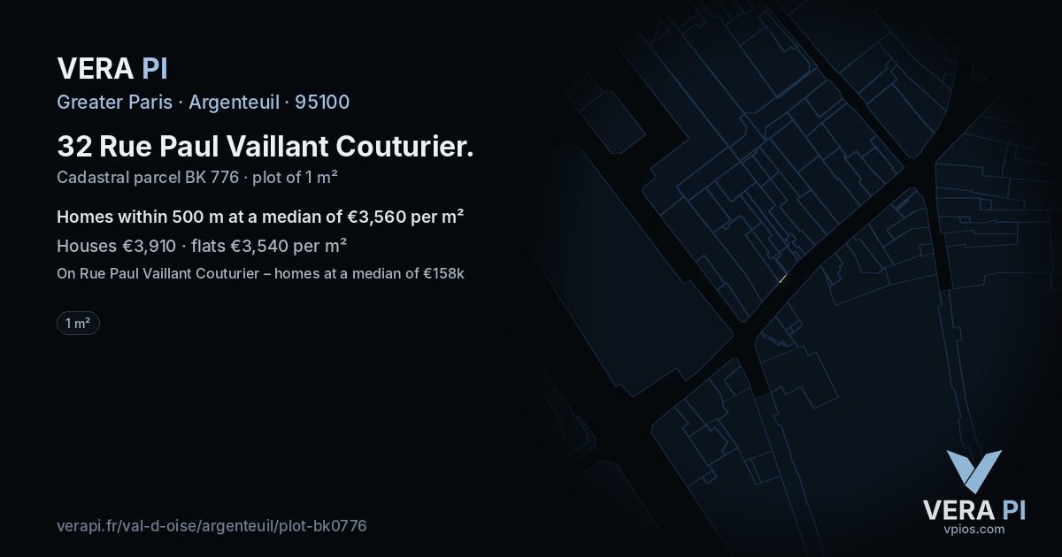 32 Rue Paul Vaillant Couturier, Argenteuil at night – the plot lit, the parcels around coloured by the prices near them