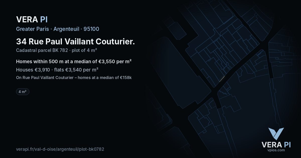 34 Rue Paul Vaillant Couturier, Argenteuil at night – the plot lit, the parcels around coloured by the prices near them