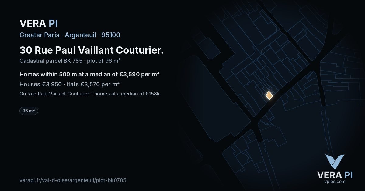 30 Rue Paul Vaillant Couturier, Argenteuil at night – the plot lit, the parcels around coloured by the prices near them