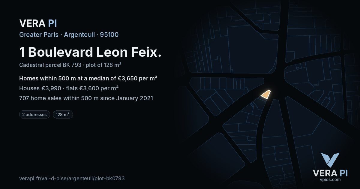 1 Boulevard Leon Feix, Argenteuil at night – the plot lit, the parcels around coloured by the prices near them