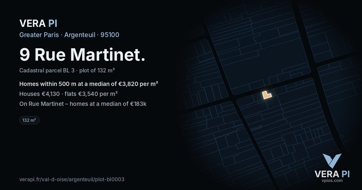 9 Rue Martinet, Argenteuil at night – the plot lit, the parcels around coloured by the prices near them