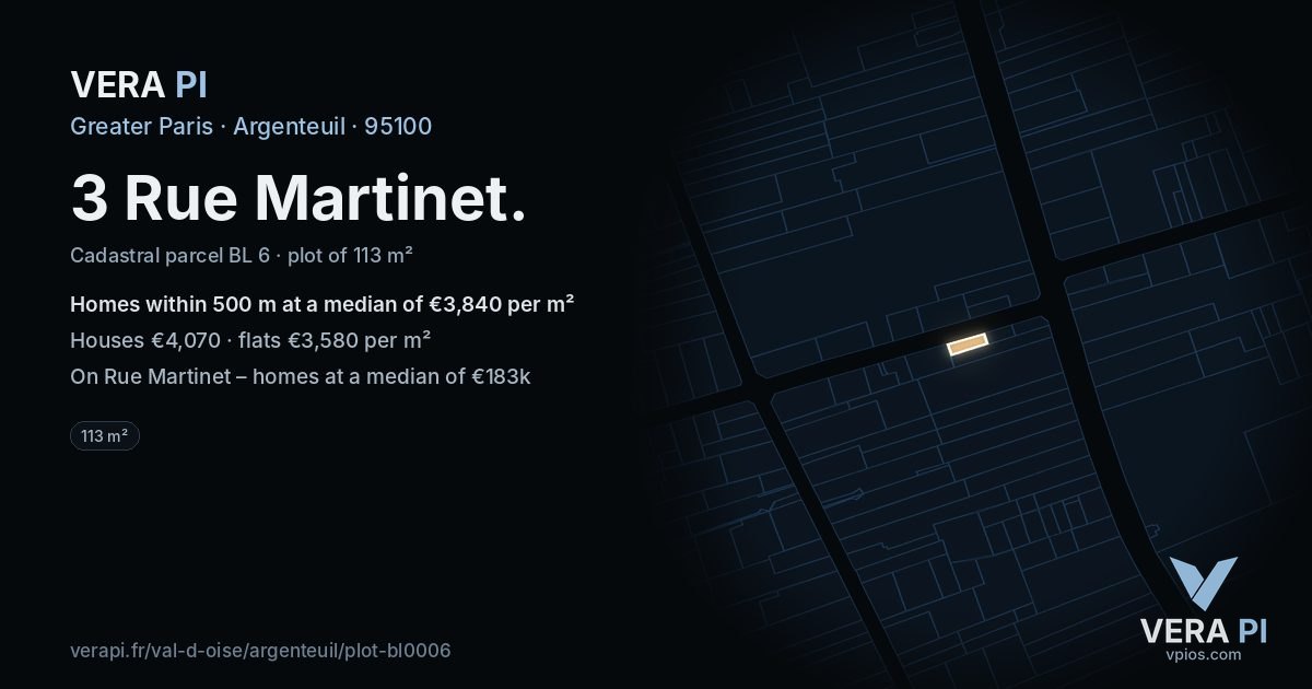 3 Rue Martinet, Argenteuil at night – the plot lit, the parcels around coloured by the prices near them