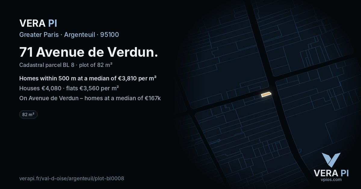 71 Avenue de Verdun, Argenteuil at night – the plot lit, the parcels around coloured by the prices near them