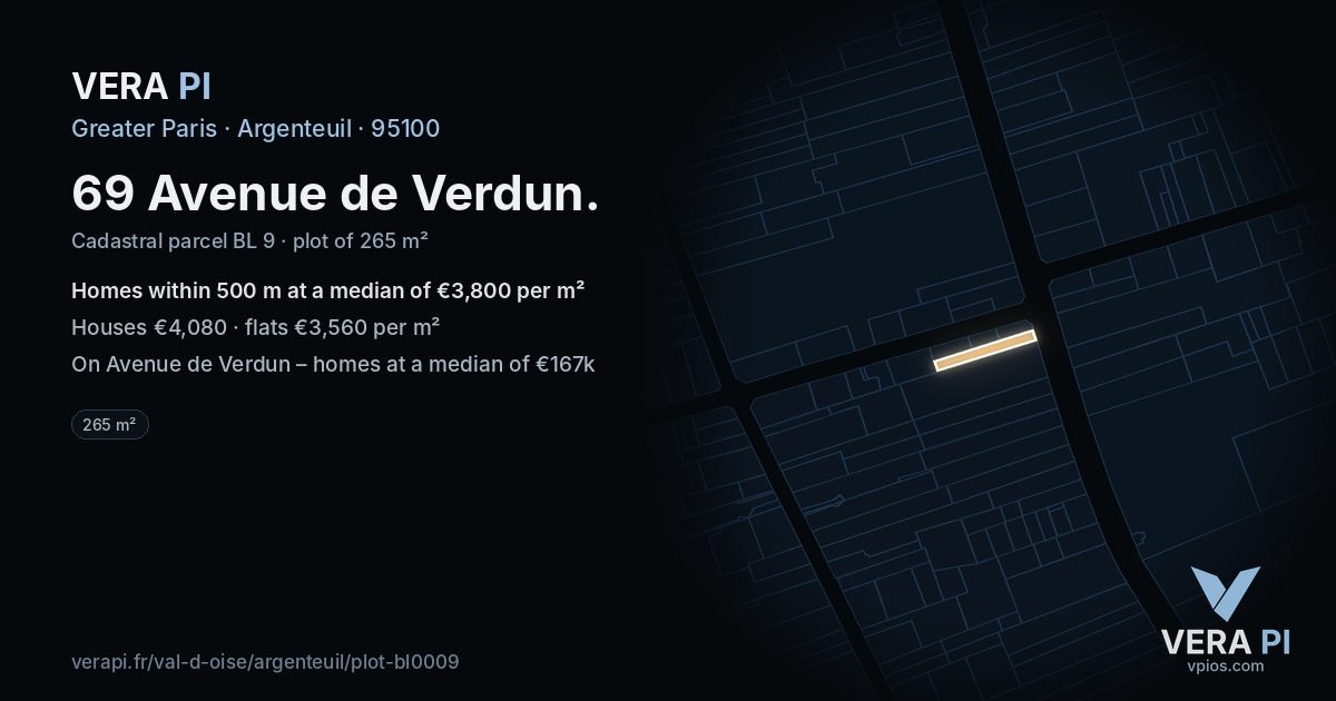 69 Avenue de Verdun, Argenteuil at night – the plot lit, the parcels around coloured by the prices near them