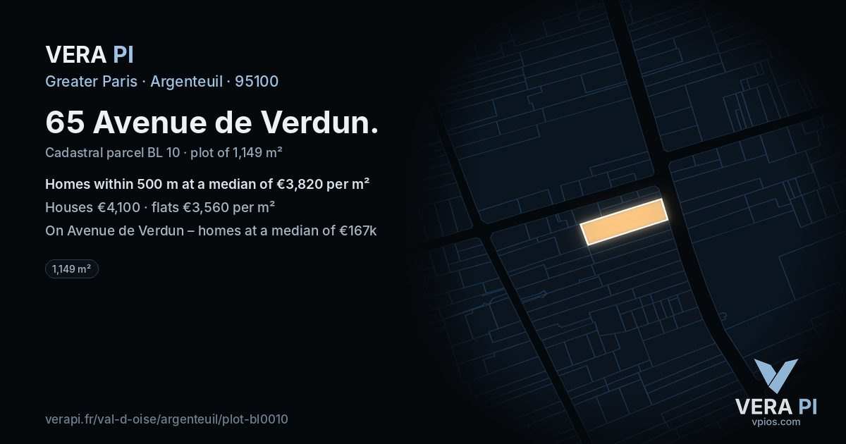 65 Avenue de Verdun, Argenteuil at night – the plot lit, the parcels around coloured by the prices near them