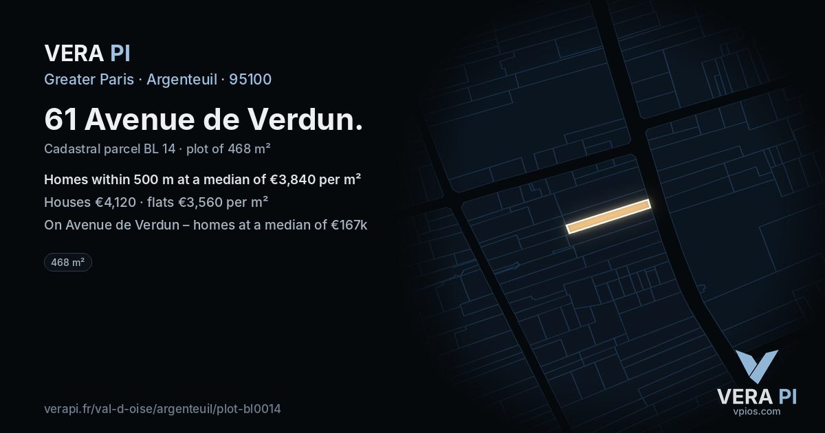 61 Avenue de Verdun, Argenteuil at night – the plot lit, the parcels around coloured by the prices near them