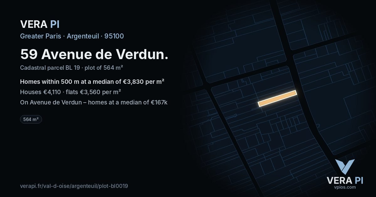 59 Avenue de Verdun, Argenteuil at night – the plot lit, the parcels around coloured by the prices near them