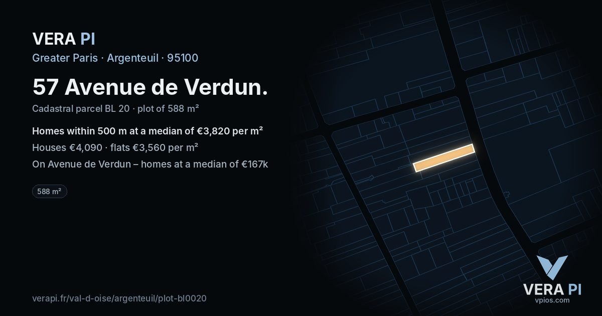 57 Avenue de Verdun, Argenteuil at night – the plot lit, the parcels around coloured by the prices near them